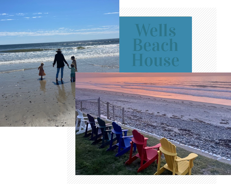 A collage of people on the beach and chairs.