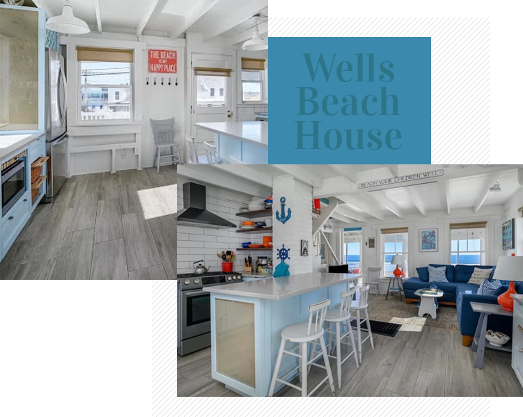 A collage of two different pictures with the words wells beach house in the middle.