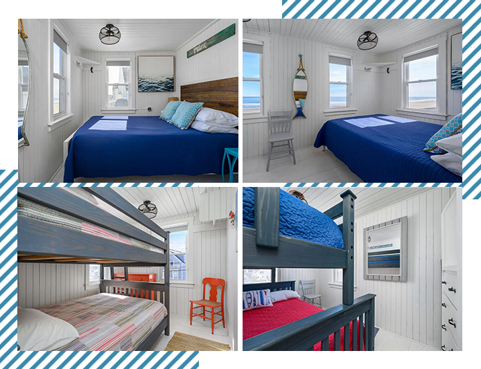 A collage of four pictures with beds and bunk beds.